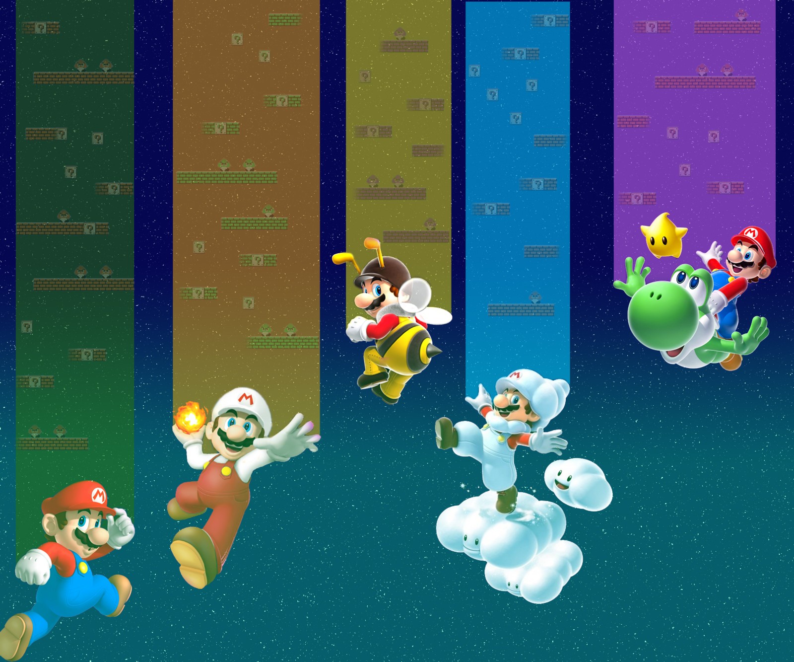 Hay muchos personajes diferentes en una fila de líneas coloridas (diversión, galaxia, juego, mario, nostalgia)