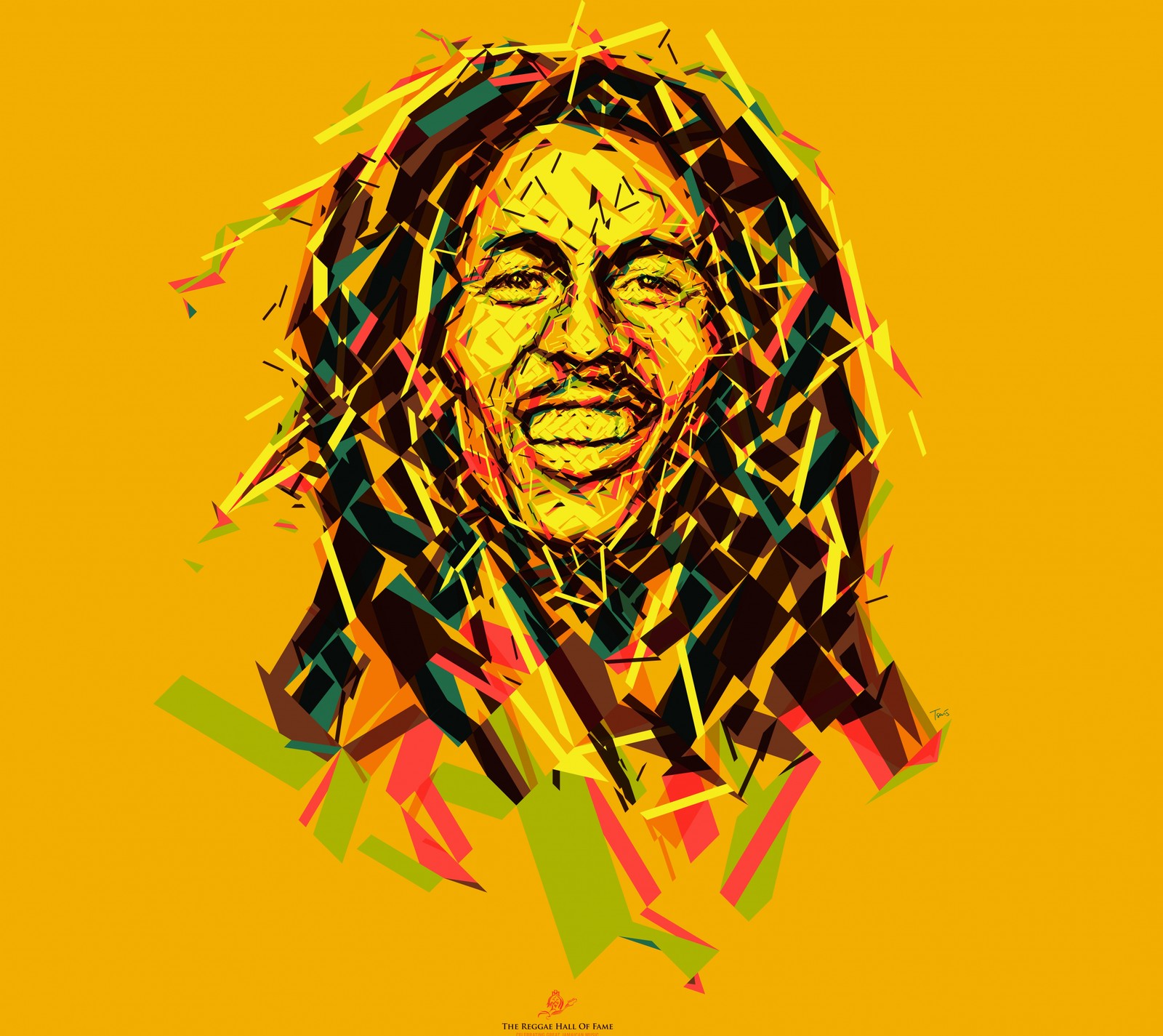 Une peinture d'un homme avec des dreadlocks et un fond jaune (bob, marley, reggae)