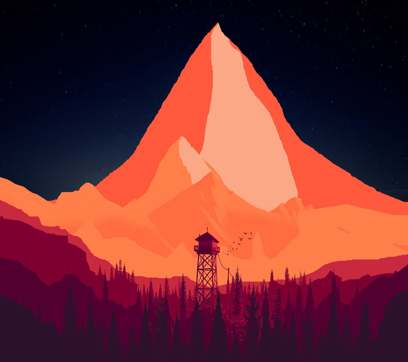 Одинокая башня стоит перед горой ночью (пожарная охрана, firewatch, плоский дизайн, лес)