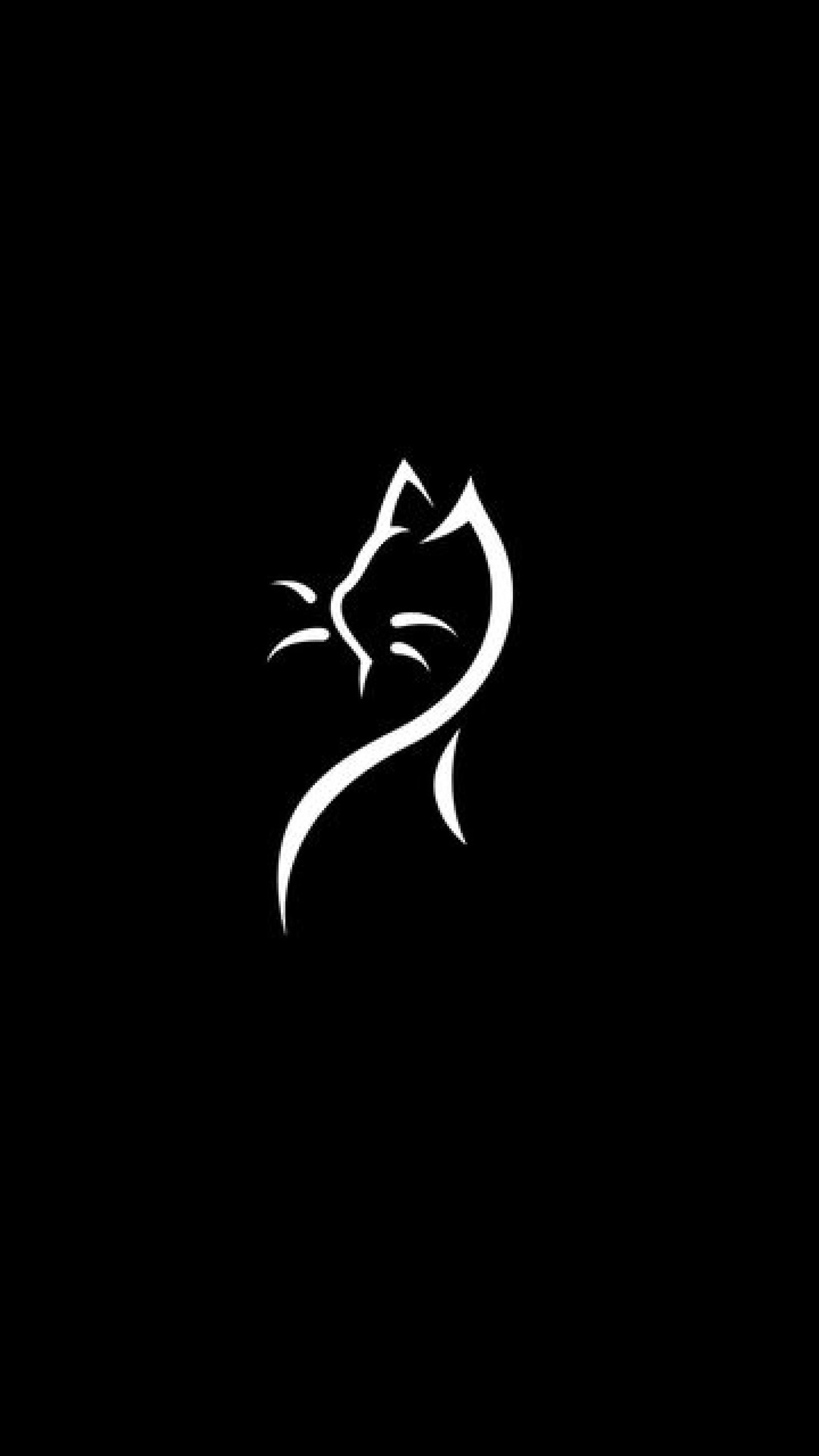 A black and white cat logo on a black background (cat, kitty, outline)