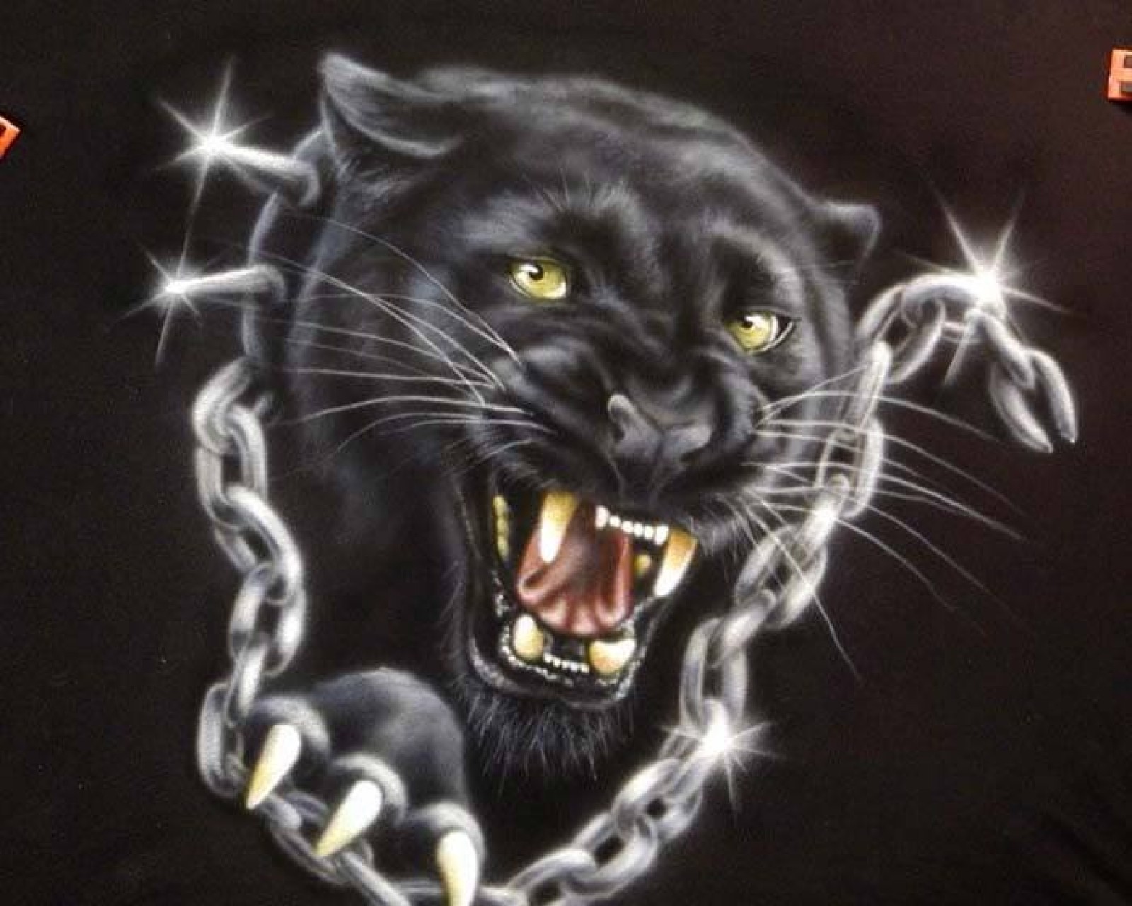 Painting of a black panther with chains and glowing eyes (animals, big cats, black panther)