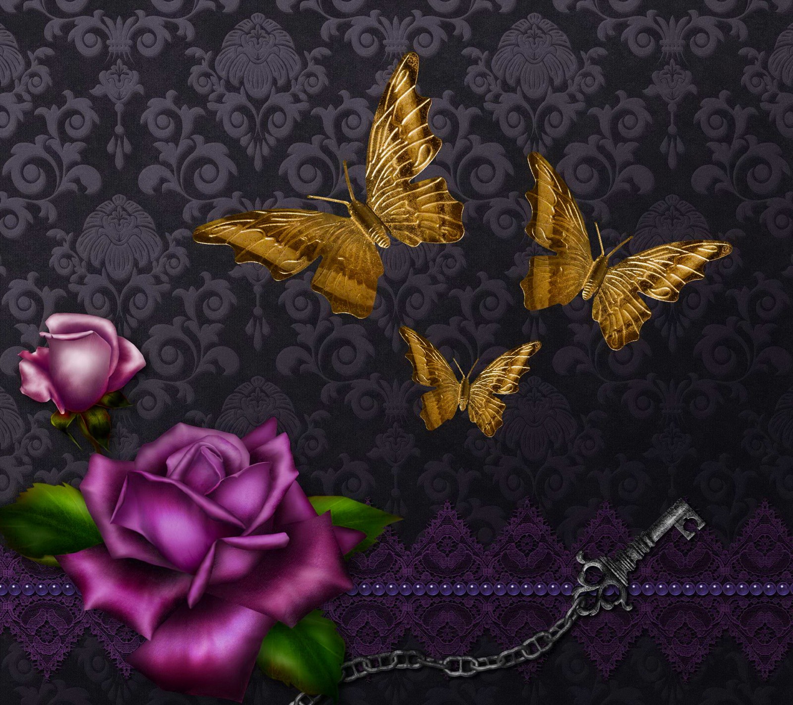 Una rosa púrpura y mariposas doradas sobre un fondo morado com uma corrente (fondo, mariposas, abstracto dorado, rosa, vintage damask)