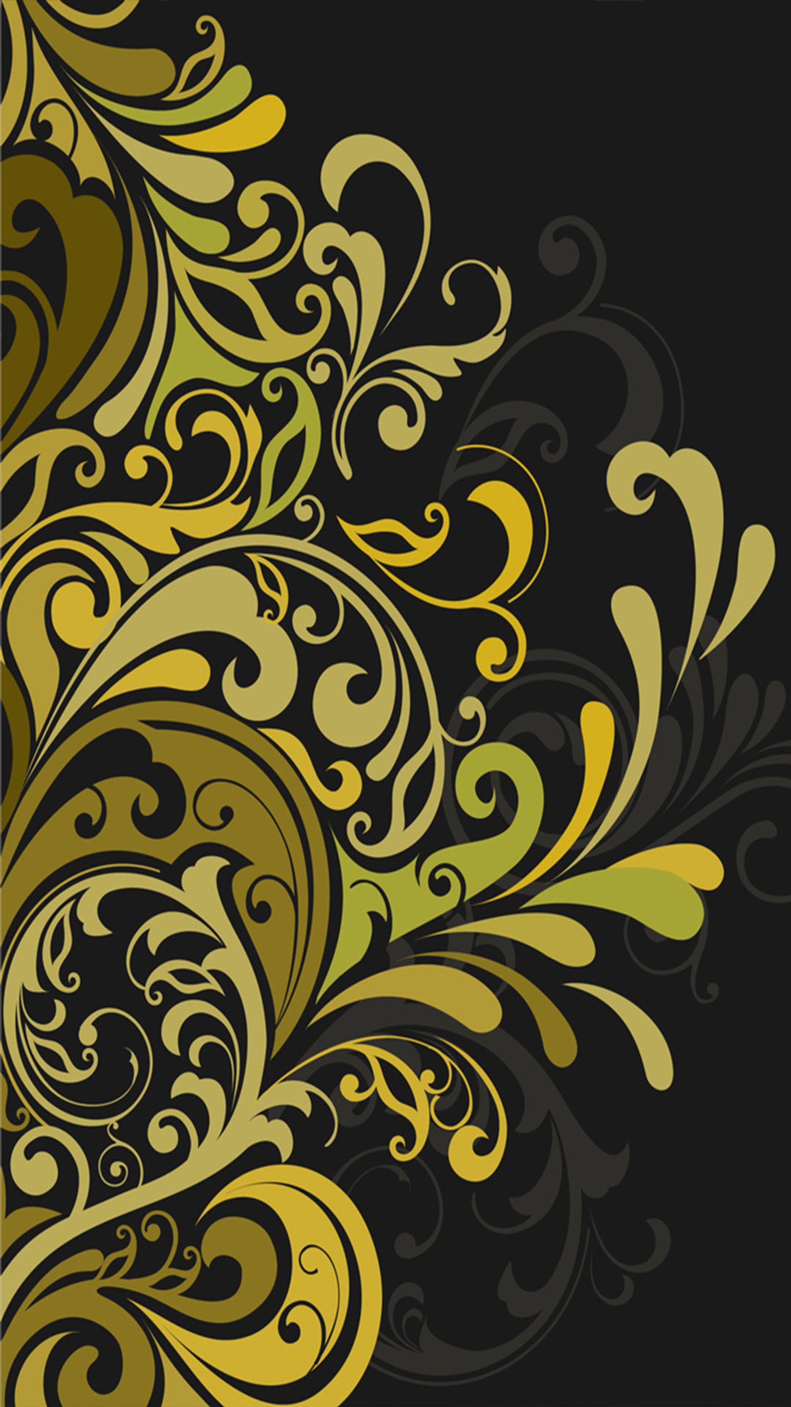 A close up of a black and gold background with a swirly design (design, petals)