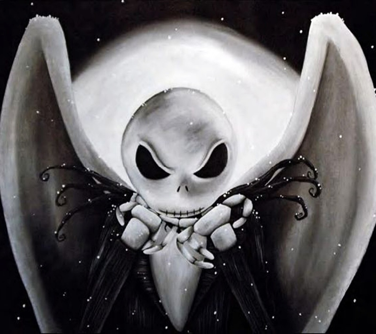 Painting of a skeleton with wings and a skull face (dark, skull)