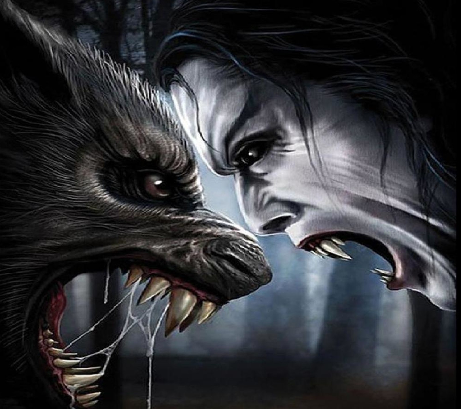 Arafed image of a man and a werewolf face each other (grudge match unlimited, vampire, werewolf, werewolf vs vampire)