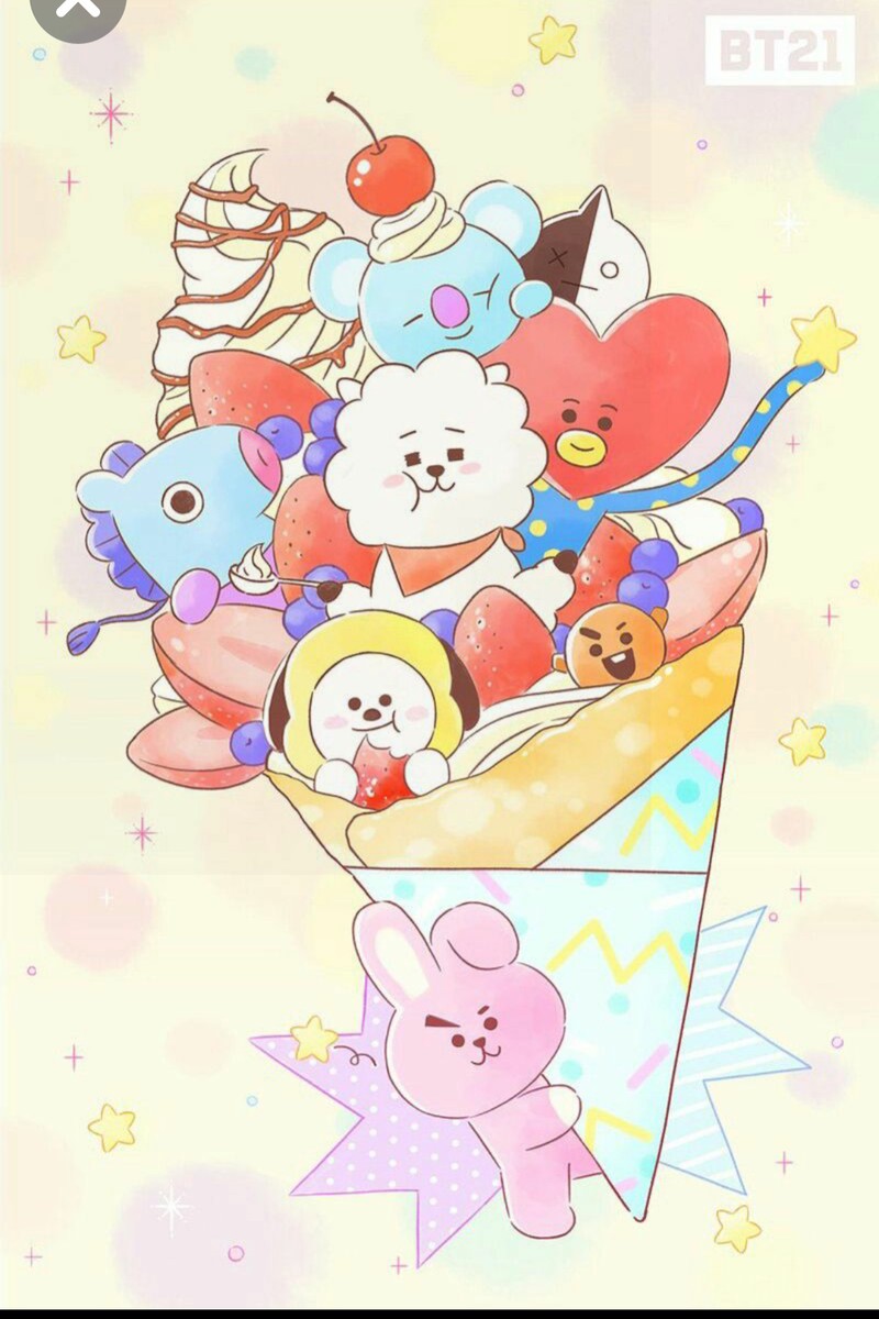 Много мультяшных персонажей летят на воздушном змеем (bt21, bts)