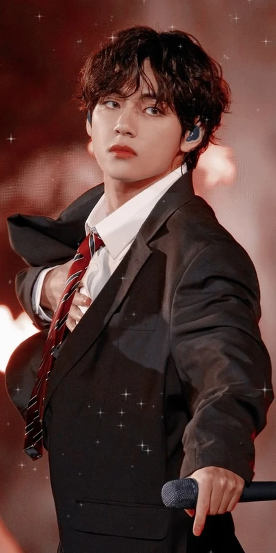 Kim Taehyung em um traje de performance estiloso com uma presença de palco dinâmica