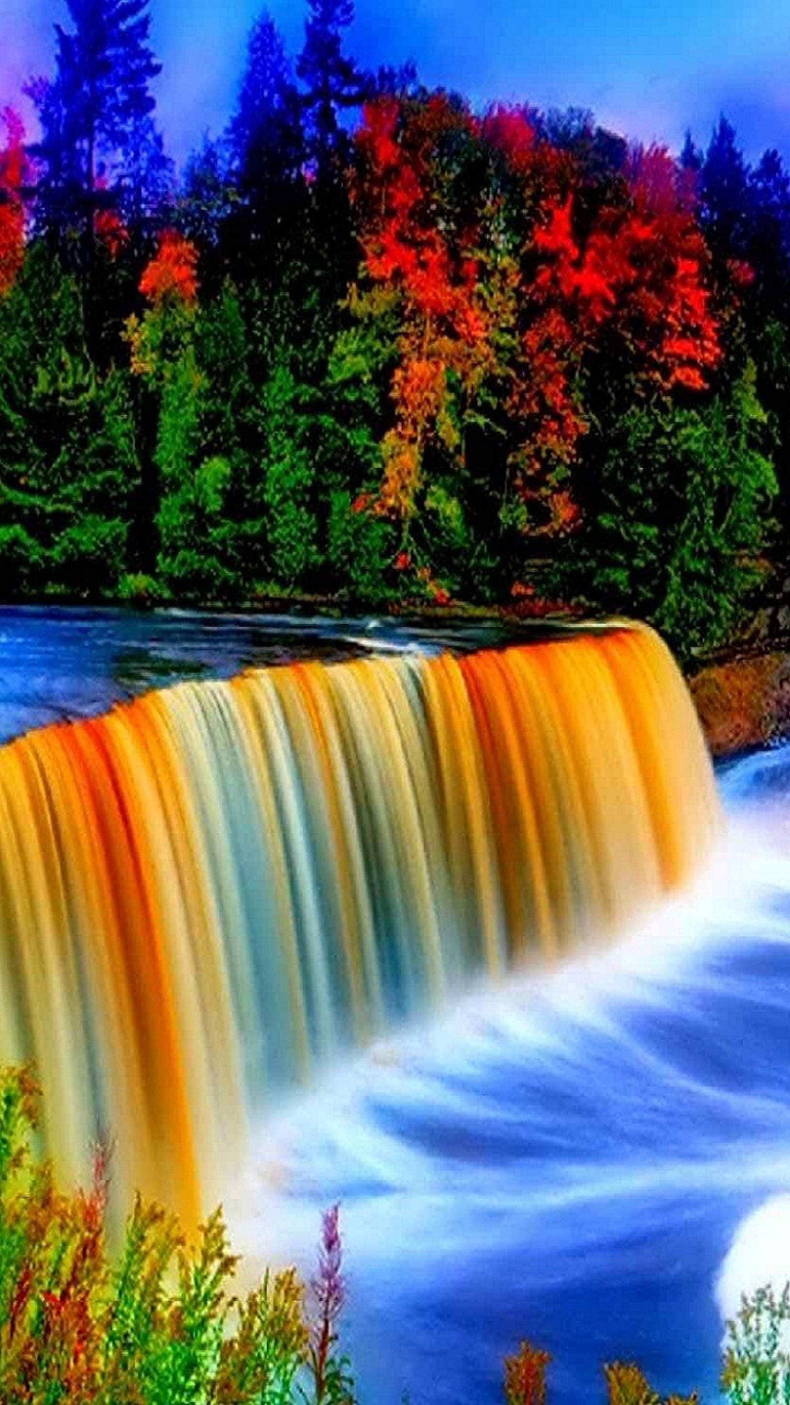 Cachoeira com água laranja fluindo sobre ela em uma floresta (bonito, colorido, cachoeira colorida, bom, hd)