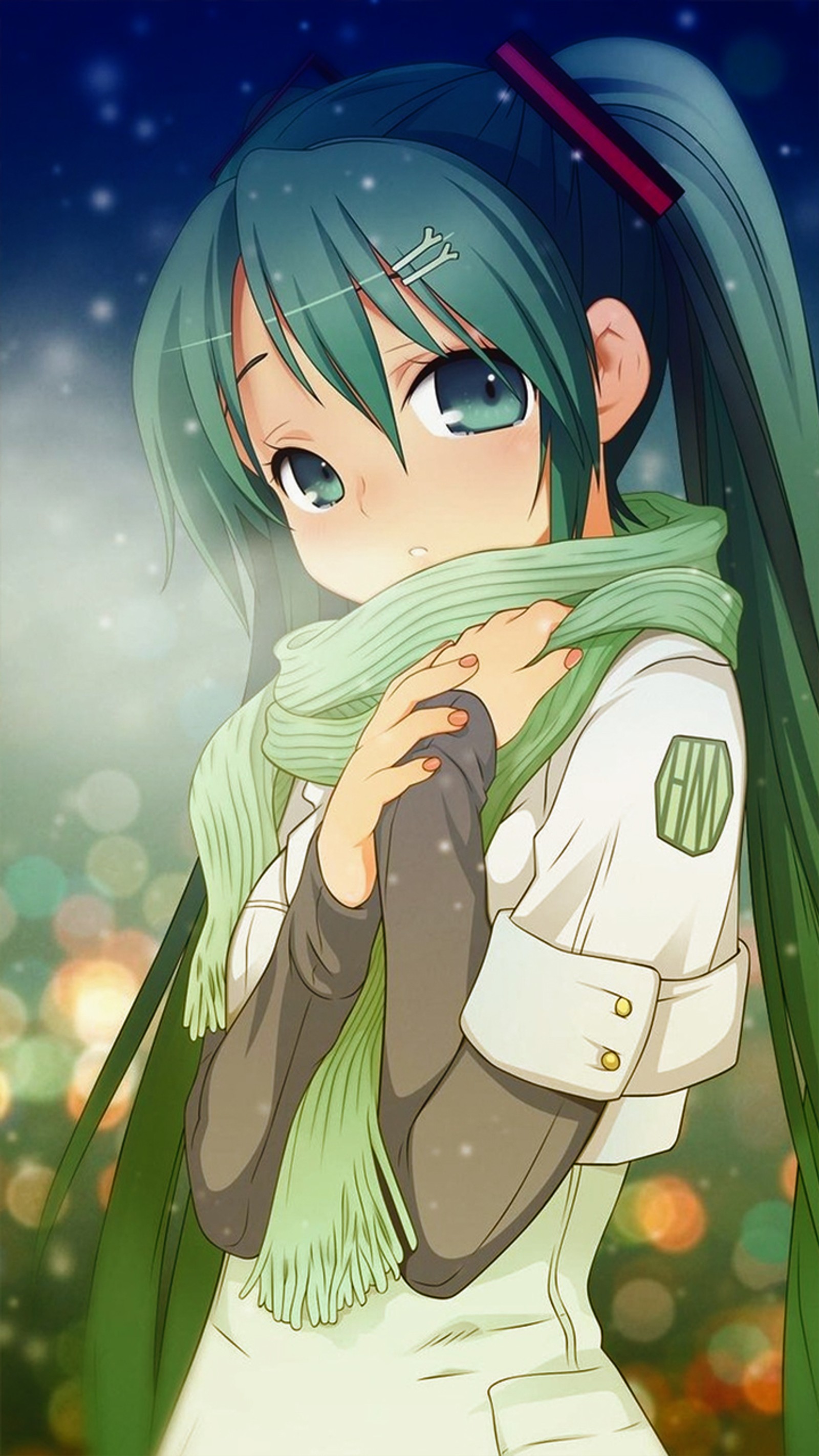 Anime girl with long green hair and green scarf in the snow (anime, cute, cutey, girl, innocent)