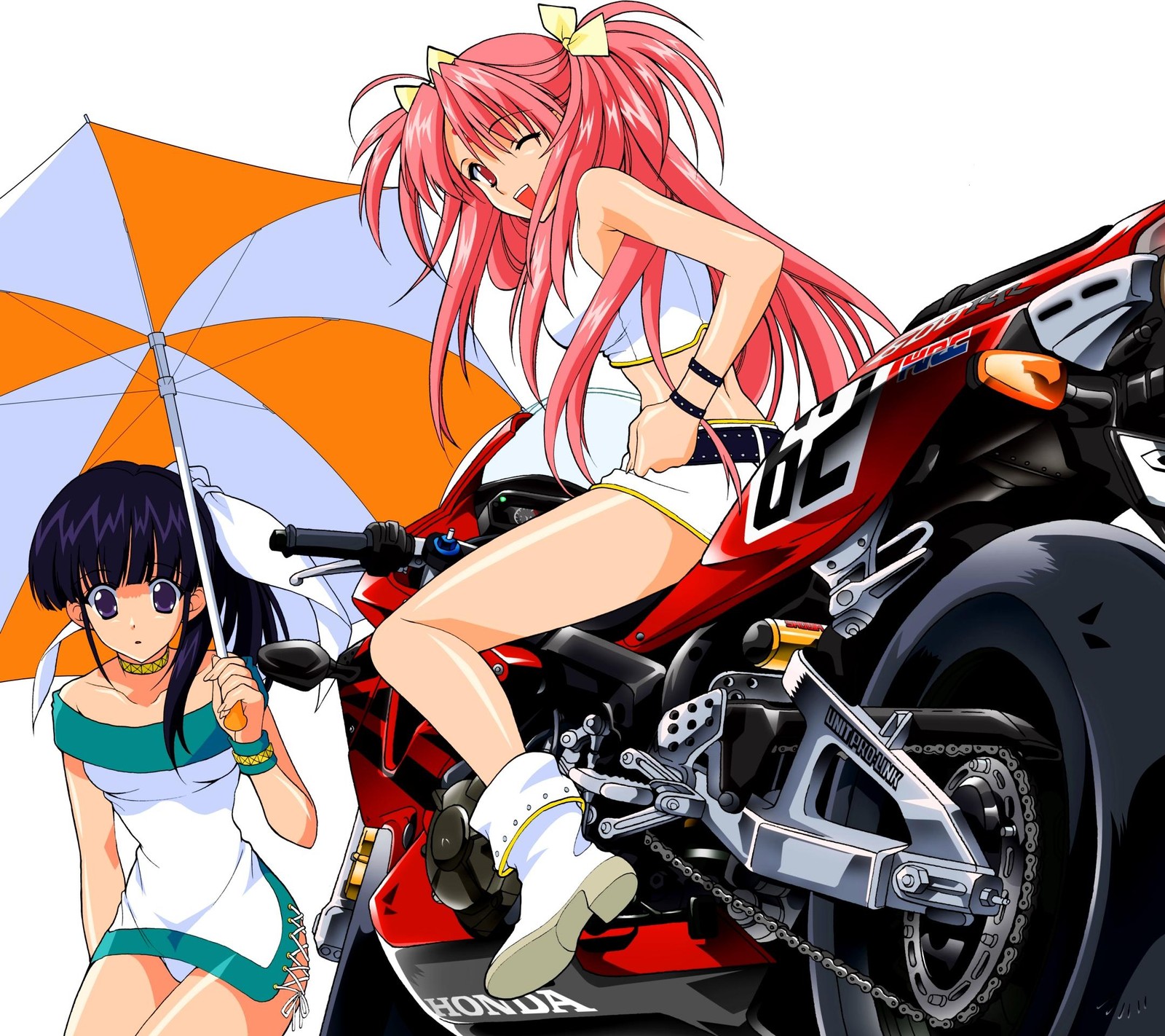 Garota de anime sentada em uma motocicleta com um guarda-chuva ao lado (ir, xr)