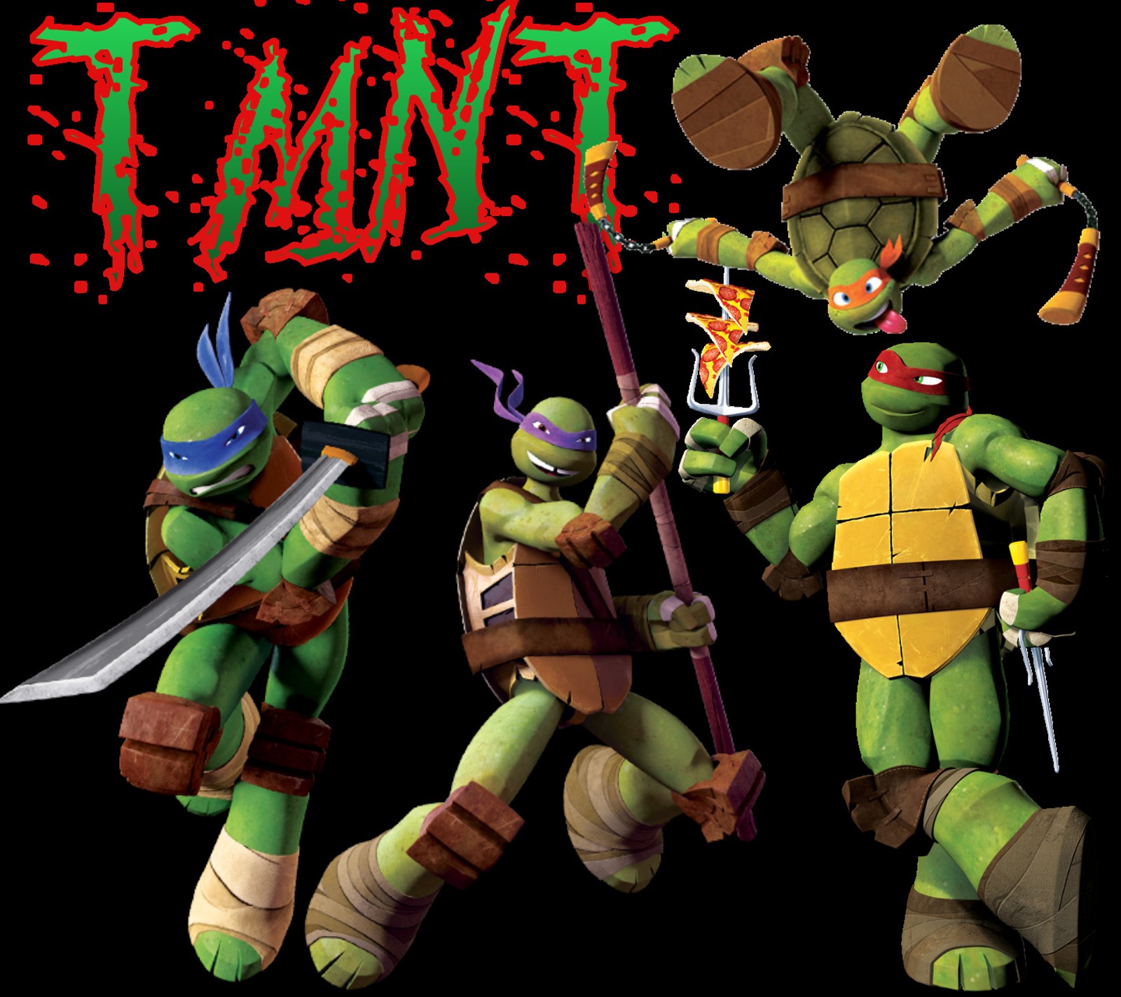 Teenage mutant turtles with weapons and a banner that says tmnt (nick, ninja, tmnt)