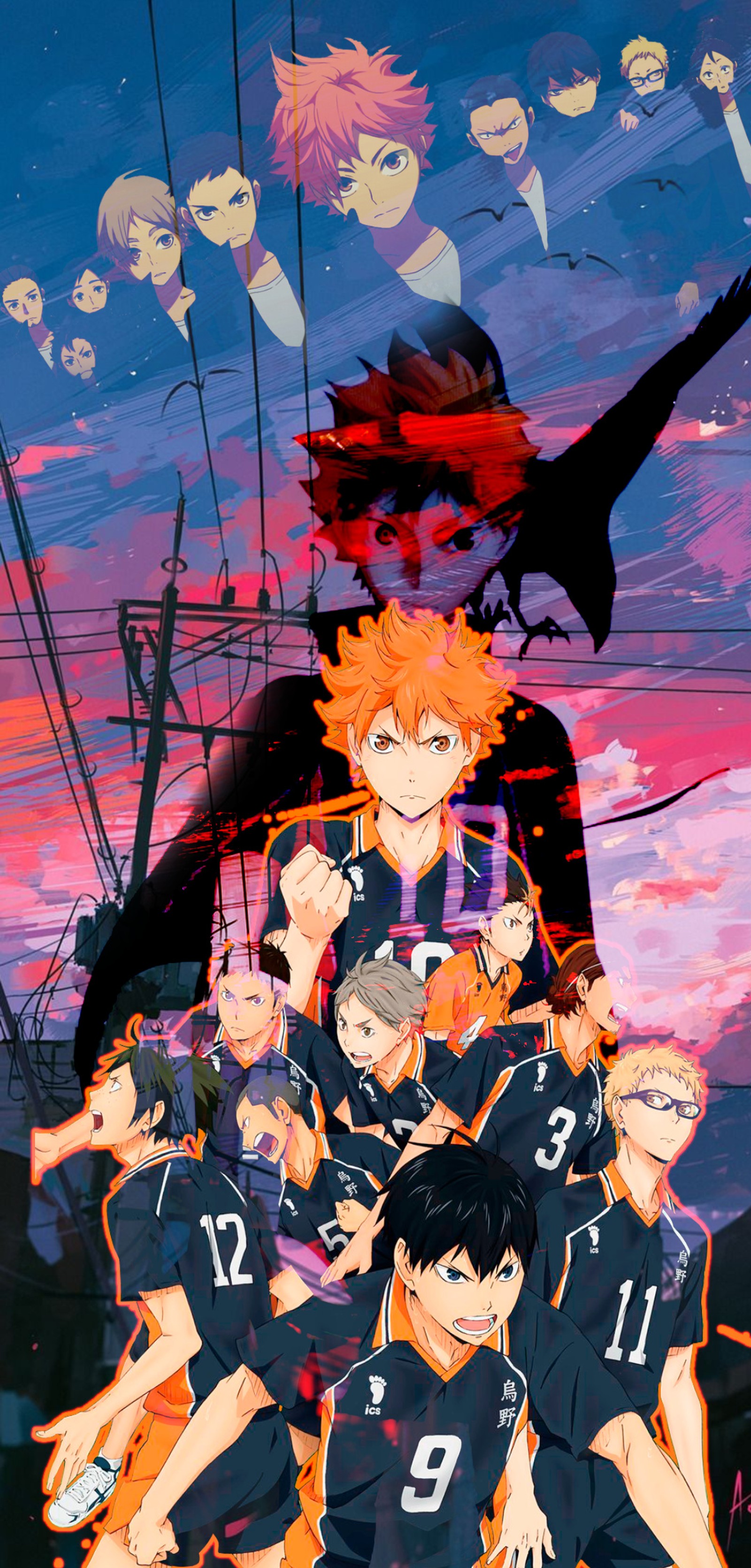 Personagens de anime posando para uma foto com um fundo de pôr do sol (anime, arte de anime, papel de parede de anime, haikyuu)