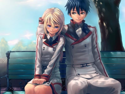 Anime Couple Sharing a Moment on a Park Bench