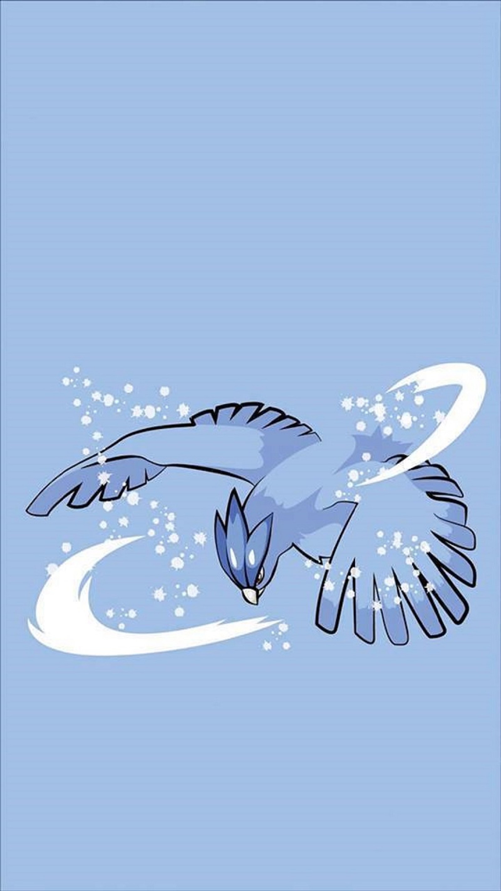 Hay un pájaro que vuela en el cielo con un fondo azul (articuno, azul, dibujos animados, místico, pokemon)