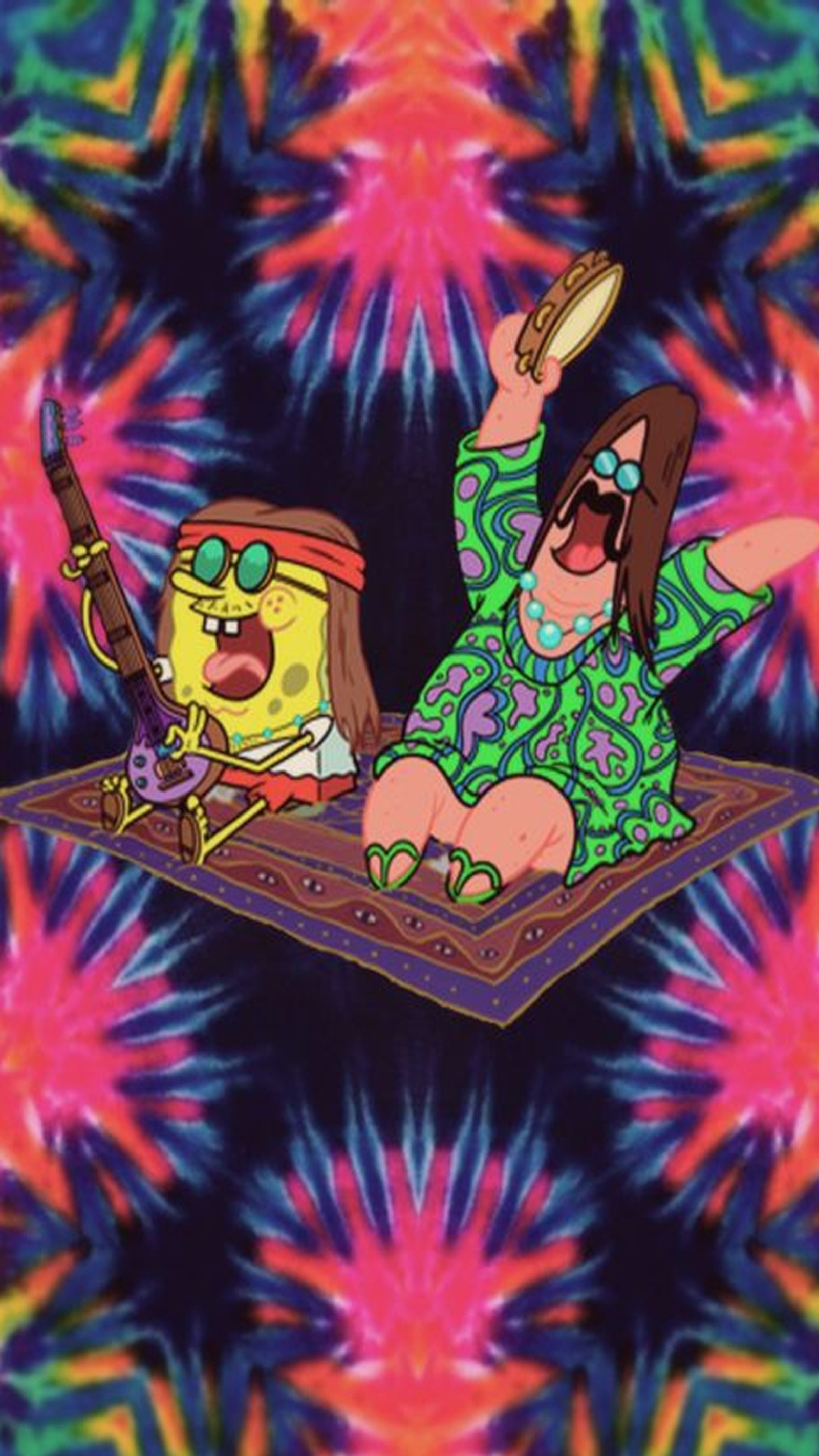 A cartoon character sitting on a rug with a dog in the middle (bob esponja, cannabis, drogado, marihuana, patricio)