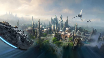 Art conceptuel d'une métropole inspirée de Star Wars au milieu d'un paysage fantastique