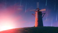 Pluies de comètes sur un moulin à vent au crépuscule