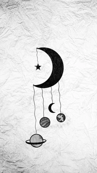 Monochrome Celestial Mobile: A Pattern of Moon and Planets