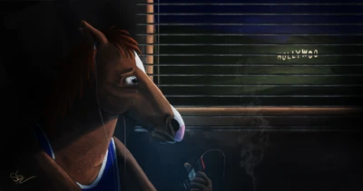 Un personaje de caballo animado sentado en una habitación débilmente iluminada, usando auriculares y sosteniendo un dispositivo, mirando hacia un letrero brillante de 'HOLLYWOOD' a través de persianas.