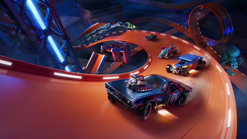 Крупный план автомобиля, движущегося по треку с неоновым знаком (hot wheels unleashed, видеоигра)