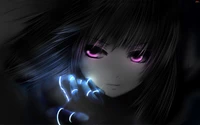 Close-Up of a Dark Anime Character with Violet Eyes and Glowing Blue Hand