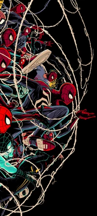 Dynamisches Spider-Man-Multiversum-Poster: Eine lebendige Illustration ikonischer Charaktere, die in Netzen verstrickt sind