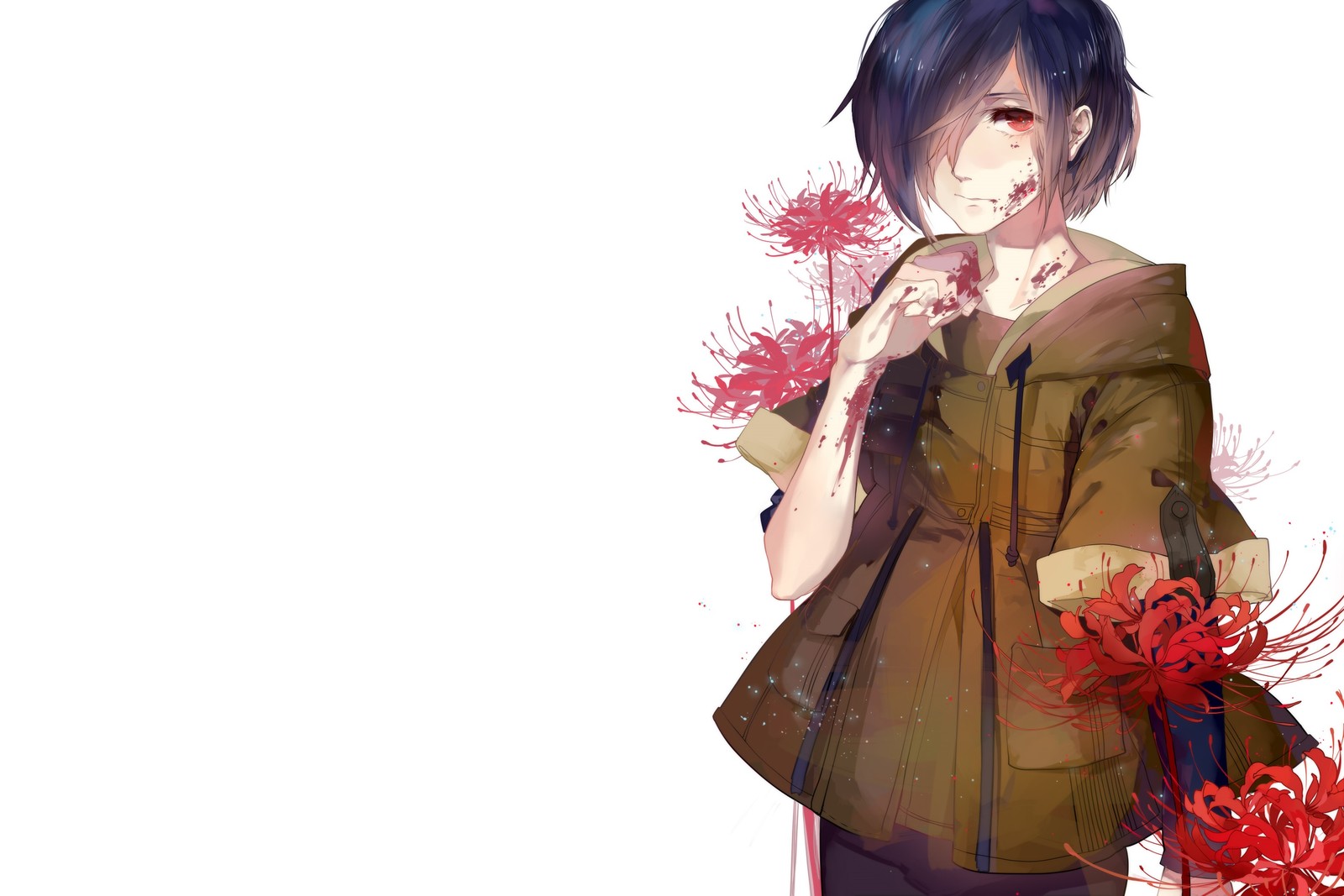 Anime, una chica con una flor en la mano, sosteniendo una flor (tokyo ghoul, anime, ilustración, corte hime, cabello castaño)