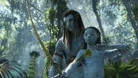 Un guerrier Na'vi guidant un jeune compagnon dans le monde luxuriant et vibrant de Pandora.