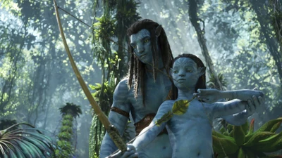 A Na'vi warrior guiding a young companion in the lush, vibrant world of Pandora.