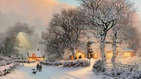 Serene Winter Evening: A Snow-Covered Landscape with Cozy Homes and Frosted Trees