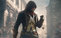 Arno Dorian, l'icône des Assassins, se tient résolument au milieu d'un paysage urbain hivernal, tenant un symbole de sa mission sur fond de chaos et d'intrigue.