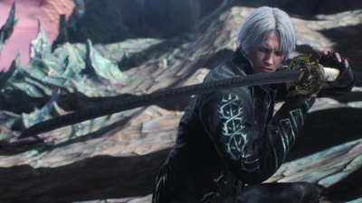 Vergil mit einem Katana in einer dramatischen Pose aus Devil May Cry 5.