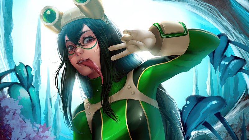 Женщина в зелёном и белом костюме с короной на голове (цую асуи, tsuyu asui, my hero academia, мха, mha)