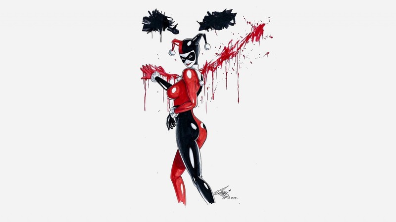 Рисунок женщины, одетой как шут с ножом (harley quinn, dc comics, комиксы, batman, джокер)