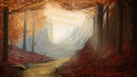 Autumn Serenity: A Dreamy Landscape of Warm Hues and Mystical Mountains