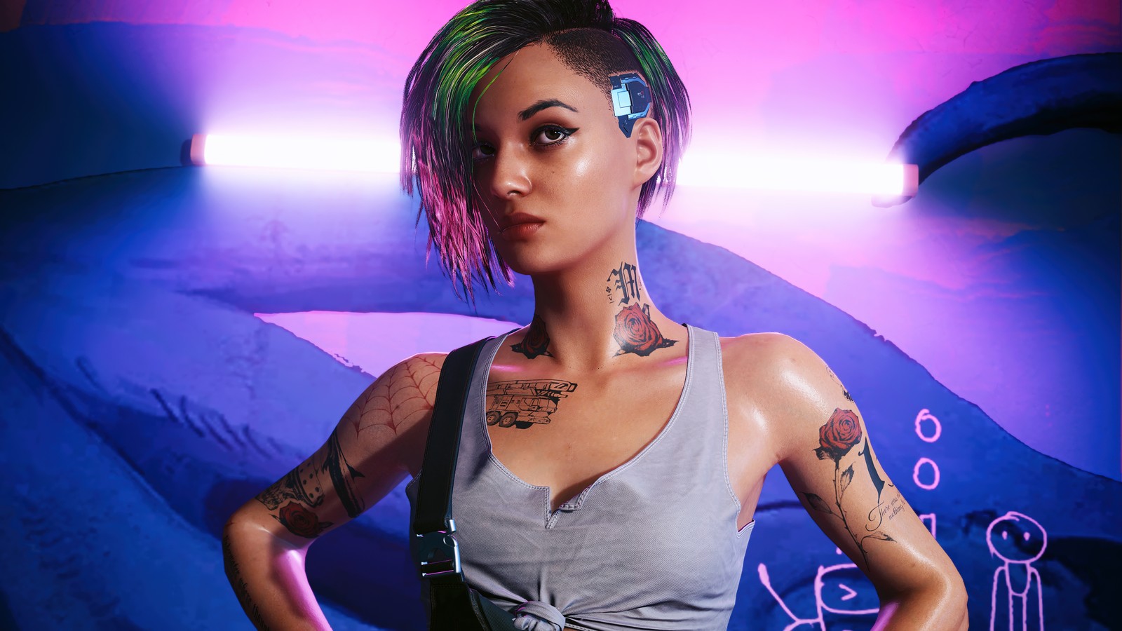 Femme arabe avec des tatouages et des piercings posant pour une photo (judy alvarez, fond néon, cyberpunk 2077, 5k, personnage féminin)