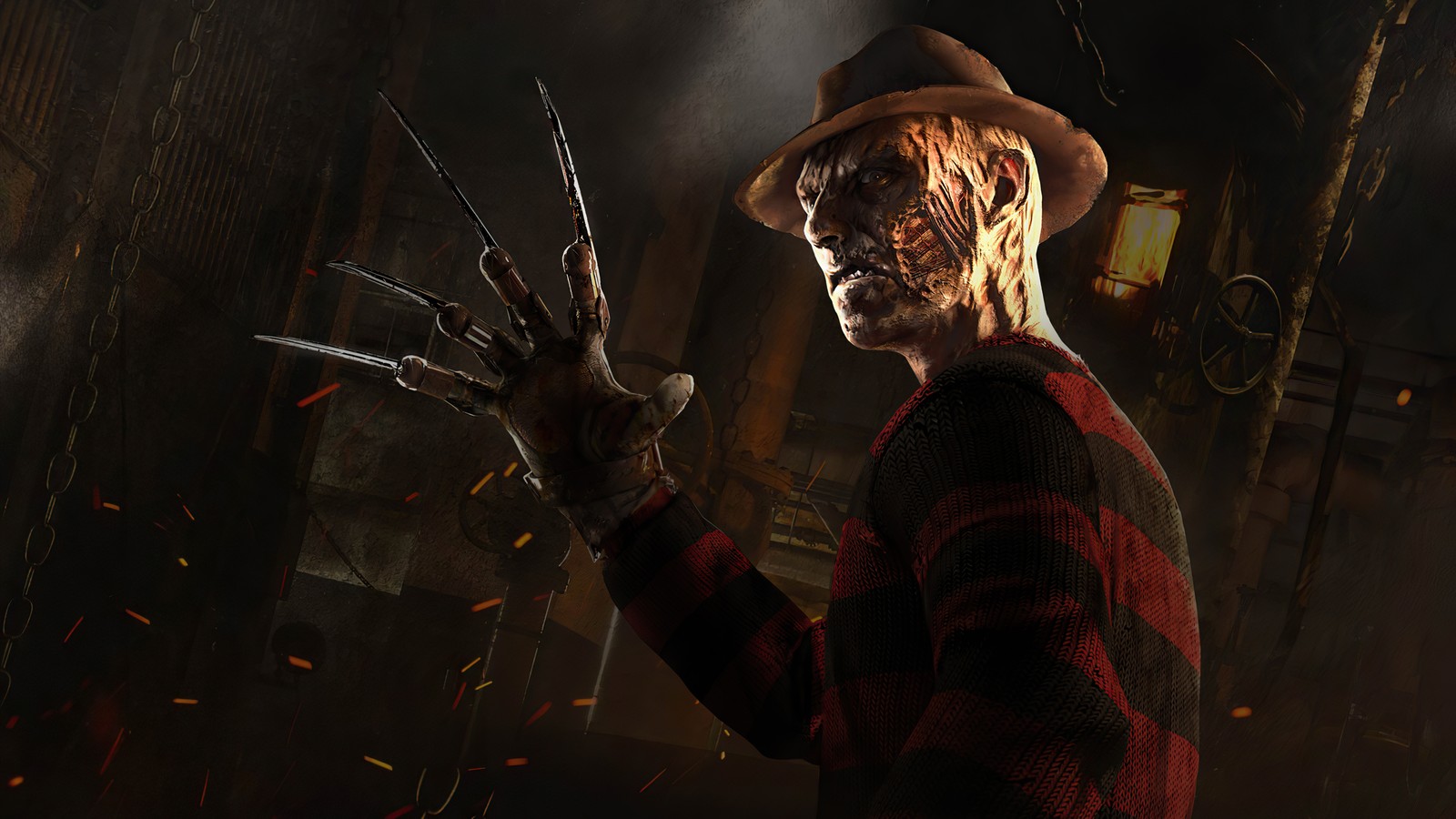 Un primer plano de una persona con un sombrero y un par de tijeras (la pesadilla, dead by daylight, videojuego)