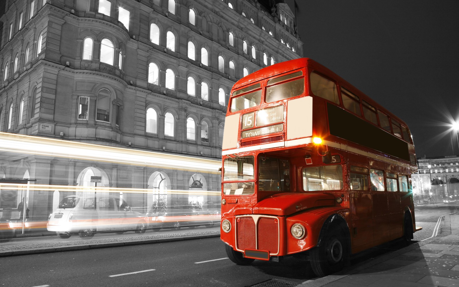 Arafed double decker bus on a city street at night (bus, transport, public transport, downtown, double decker bus)