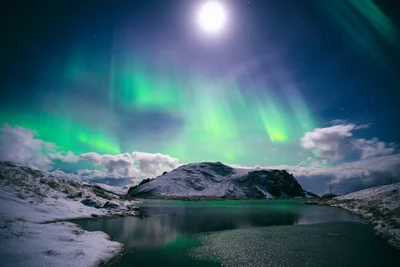 nordlicht, gletschermassive, schneebedeckt, natürliche phänomene, nachthimmel