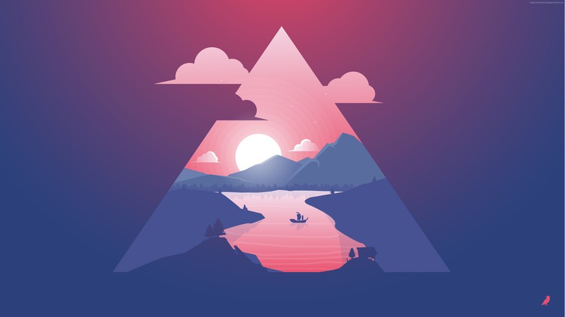 Une affiche avec une montagne et un lac au milieu (illustration, triangle, art, graphiques, police)