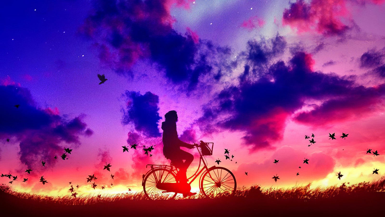 Arafed image of a person riding a bike in a field (aesthetics, art, bicycle, wheel, cloud)