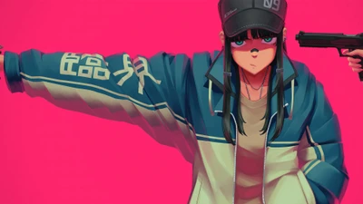 Anime girl in a stylish jacket, confidently pointing a gun, set against a vibrant pink background.