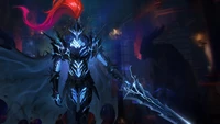 Igris, the Shadow Knight from Solo Leveling, stands poised with a glowing sword in a dark, atmospheric setting, showcasing his fierce armor and striking red hair.