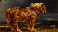 Un poderoso caballo de tiro se erige majestuoso contra un dramático cielo oscuro, mostrando su musculoso cuerpo y su melena ondulante, encarnando la fuerza y la gracia en una representación artística atemporal.