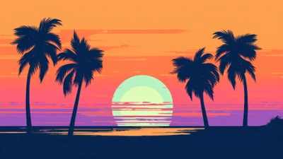 Minimalist Sunset with Silhouetted Palm Trees