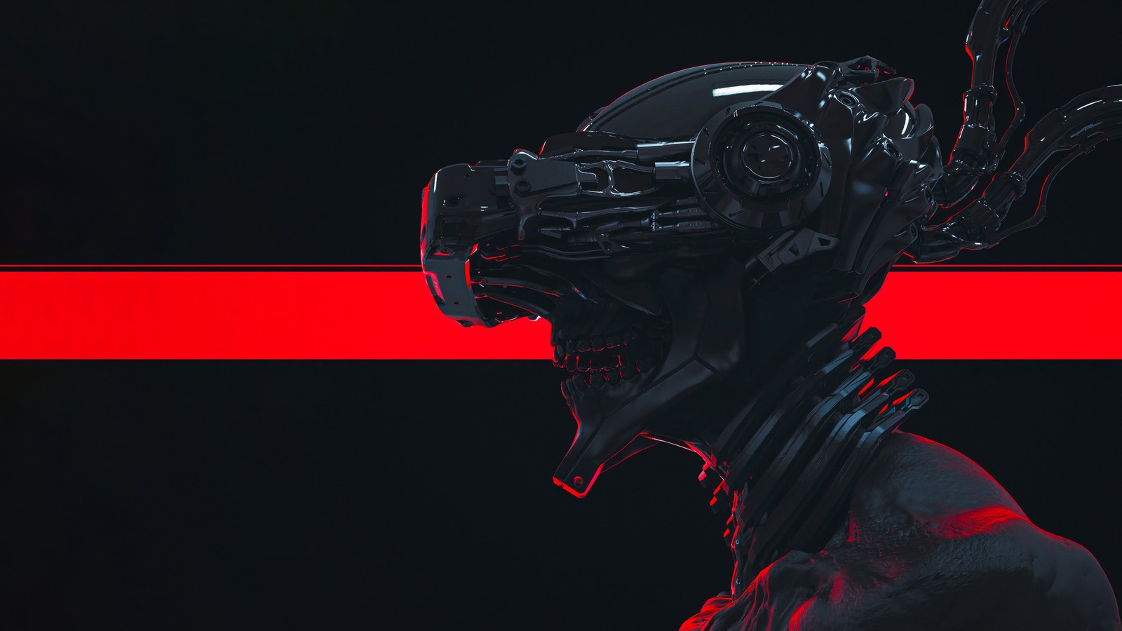 Um close de uma pessoa usando um capacete com uma linha vermelha (cyberpunk, soldado, ficção científica)