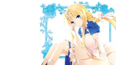 Alice Zuberg en una pose serena, rodeada de flores azules, personificando la elegancia y la inocencia de "Sword Art Online: Alicization.