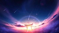 Portal de pôr do sol inspirado em anime entre nuvens vibrantes e estrelas cadentes