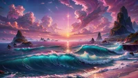 Vibrant Sunset Over Serene Ocean Waves