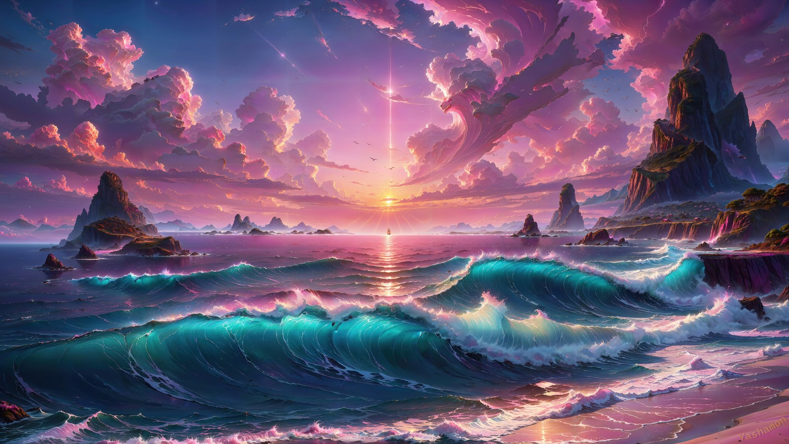 Una pintura de un atardecer sobre el océano con olas (playa, ola, atardecer, océano, escenario)